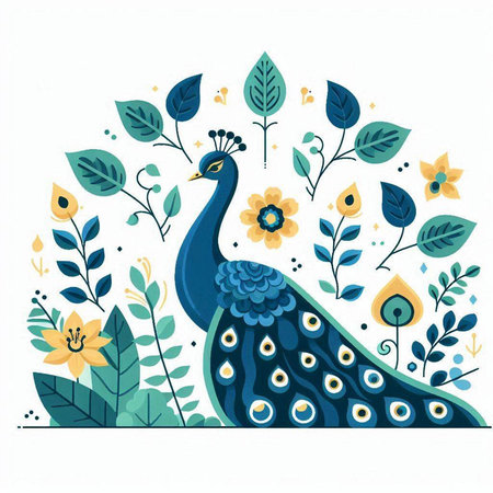 Peacock with flowers, leaves and plants. Vector illustration.のイラスト素材