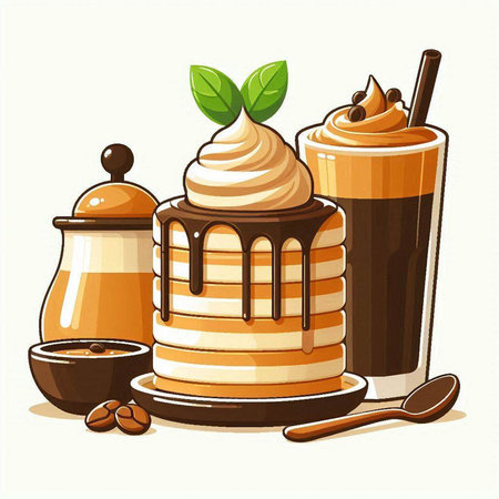 Illustration of a cup of coffee with whipped cream, chocolate and caramelのイラスト素材