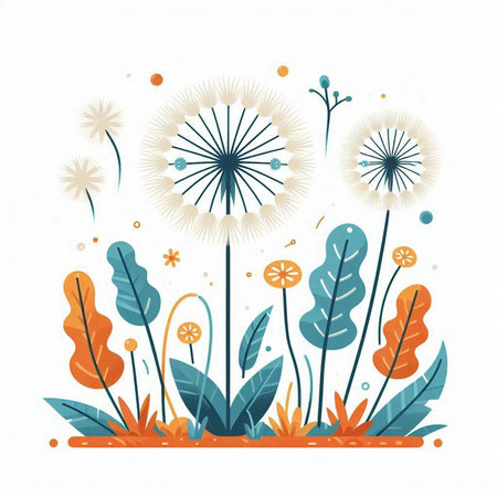 Flower background with dandelions and leaves. Vector illustration.のイラスト素材