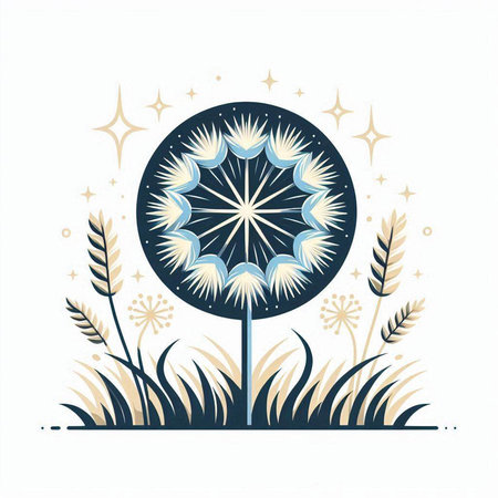 dandelion flower on a background of grass and starry skyのイラスト素材