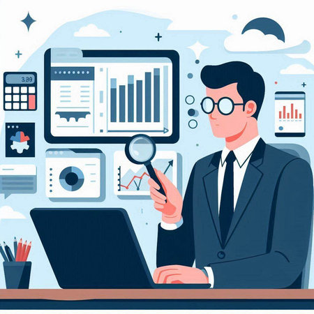 Businessman working on laptop in office. Vector illustration in flat styleのイラスト素材