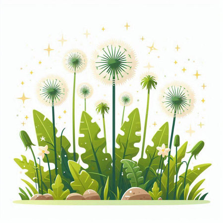 Flower background with dandelions and grass. Vector illustration.のイラスト素材