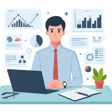 Businessman working on laptop in office. Vector illustration in flat styleのイラスト素材