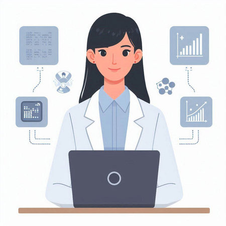 Female doctor with laptop in medical office. Flat style vector illustration.のイラスト素材