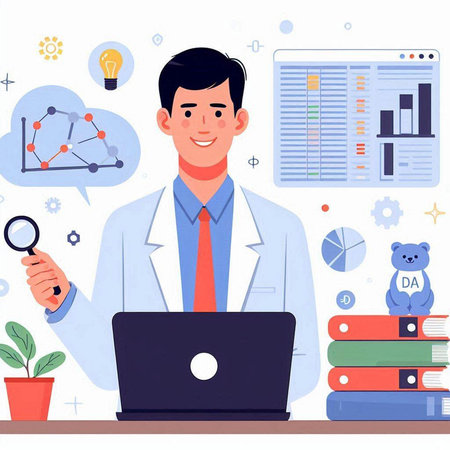 Vector illustration of a young male doctor in a white coat with a laptop in his hands, surrounded by charts and graphs.のイラスト素材