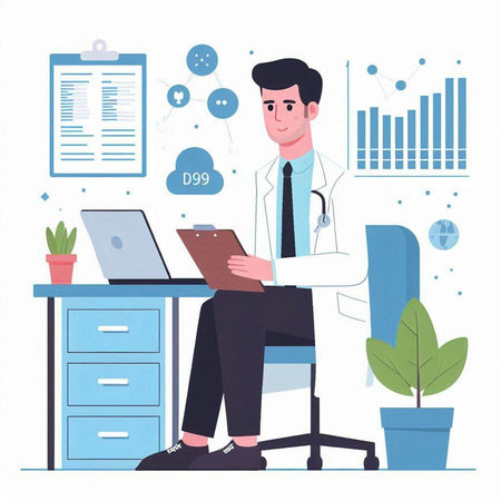 Male doctor sitting at desk and working on laptop. Flat style vector illustration.のイラスト素材