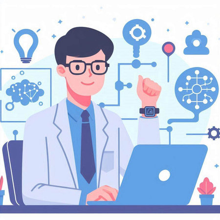 Vector illustration of a young doctor in a white coat and glasses working on a laptop.のイラスト素材