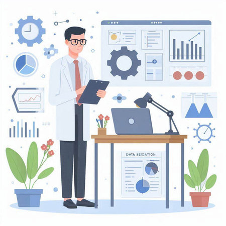 Doctor in white coat and eyeglasses writing on clipboard at table with laptop. Male character in medical gown and glasses. Vector illustration in flat styleのイラスト素材