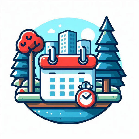 Calendar icon. Vector illustration of a calendar with a clock and a cityscape in the background.のイラスト素材