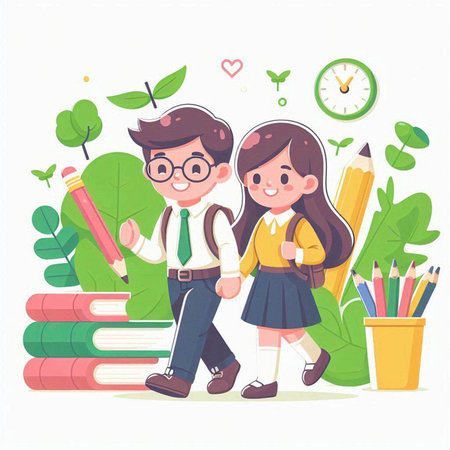 Boy and girl going back to school. Vector illustration in cartoon styleのイラスト素材