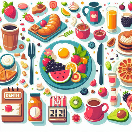 Breakfast pattern with fruits, berries, coffee, croissant, croissant, jam, milk, orange juice, coffee beans and other food items. Flat style vector illustration.のイラスト素材