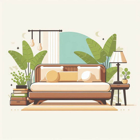 Vector illustration of a cozy bedroom with a bed, books and plants.のイラスト素材