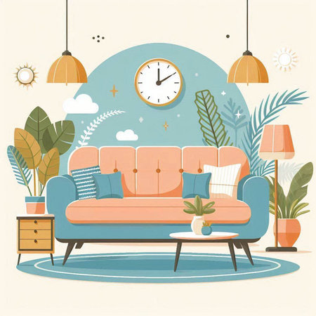 Vector illustration of a living room interior with a sofa, coffee table, plants and clocks.のイラスト素材