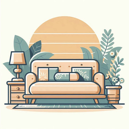 Living room interior with sofa, lamp and plants. Flat style vector illustration.のイラスト素材