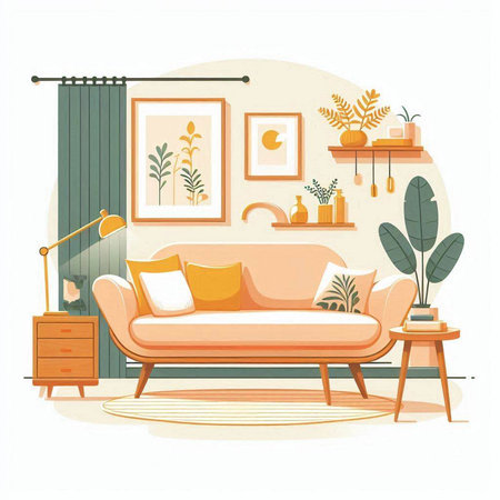 Modern living room interior with sofa, bookshelf, lamp and plants. Flat vector illustration.のイラスト素材