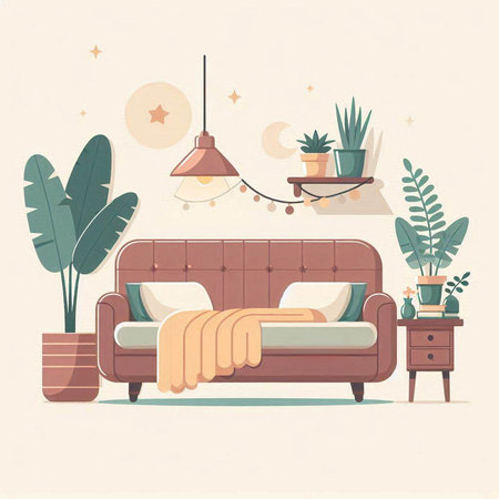 Vector illustration of a cozy bedroom with a sofa and a lamp.のイラスト素材
