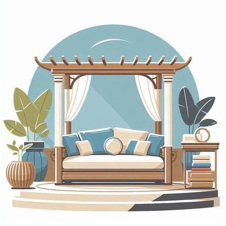 Illustration of a bed with pillows and a canopy in a flat styleのイラスト素材