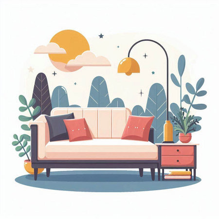 Vector illustration of a cozy living room with a sofa, a lamp, a coffee table and a houseplant.のイラスト素材