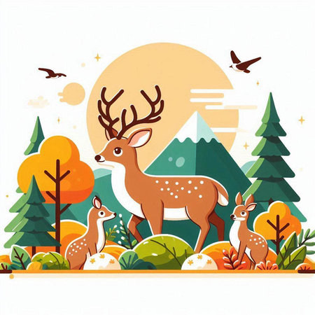 Deer in the forest. Colorful vector illustration in flat style.のイラスト素材