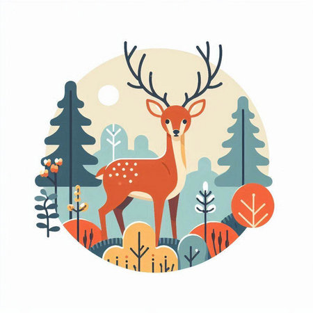 Deer in the forest. Vector illustration in a flat style.のイラスト素材