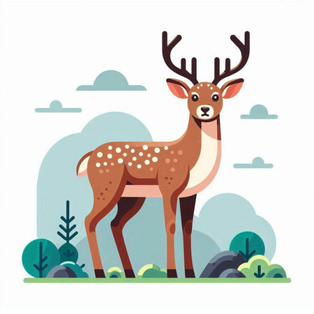 Deer on the background of the forest. Vector illustration in flat style.のイラスト素材