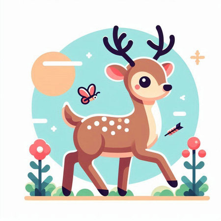 Cute deer in the forest. Vector illustration. Flat style.のイラスト素材