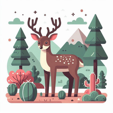 Cute deer in the forest. Vector illustration in flat style.のイラスト素材