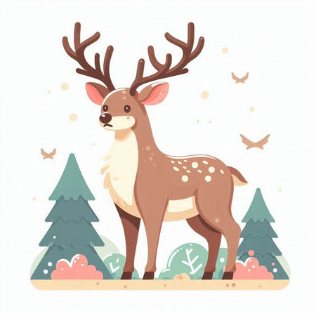 Cute deer in the forest. Vector illustration in cartoon style.のイラスト素材