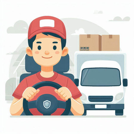 Delivery driver with the steering wheel and the truck. Vector illustration.のイラスト素材