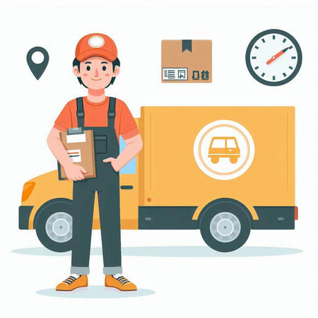 Delivery man in uniform standing near truck. Flat style vector illustration.のイラスト素材