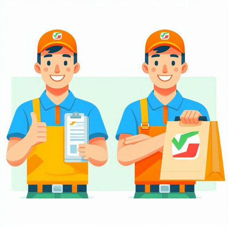 Vector illustration of two smiling workers with clipboard and checklist showing thumbs upのイラスト素材