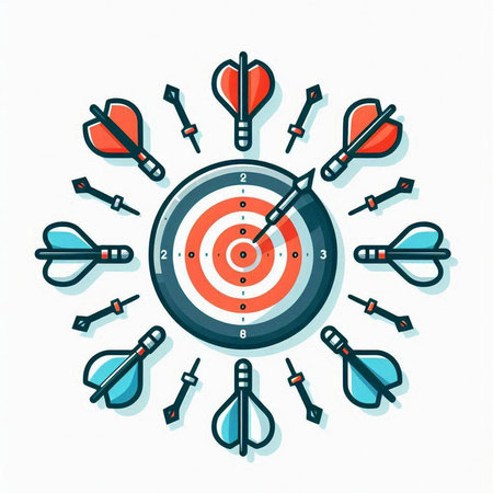 Archery target with arrows, flat vector illustration isolated on white background.のイラスト素材