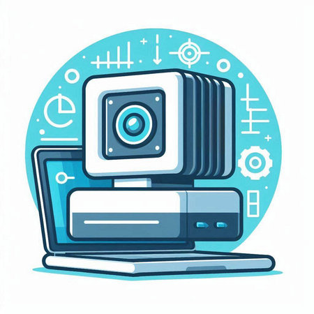 Laptop with video camera on the screen, flat vector illustration.のイラスト素材