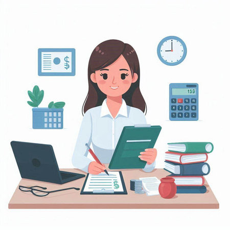 Young businesswoman working at office desk. Vector illustration in cartoon style.のイラスト素材