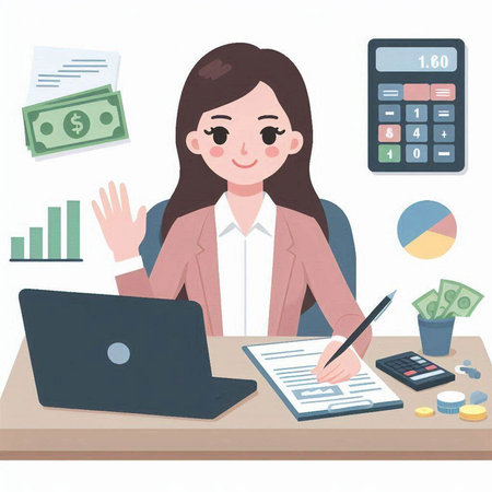 Business woman working at office desk with calculator and laptop. Vector illustration.のイラスト素材