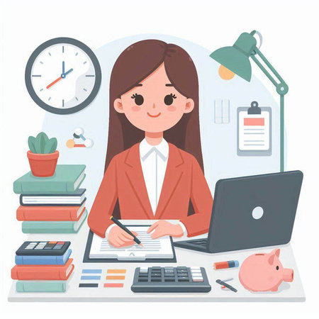 Business woman working at home with laptop, calculator, notebook and piggy bank. Flat style vector illustration.のイラスト素材