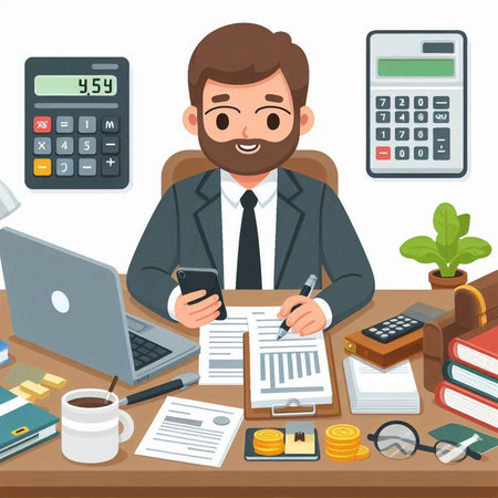 Businessman working at office desk. Vector illustration in cartoon style.のイラスト素材