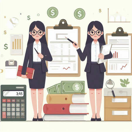 Business woman standing on the background of the office. Vector illustration.のイラスト素材