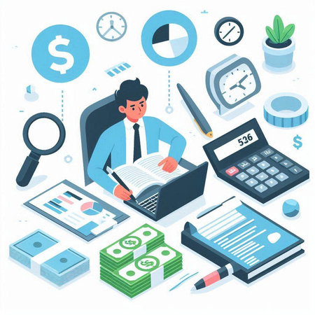Businessman is working in office with laptop, calculator, documents, money, stationery. Flat vector illustration.のイラスト素材