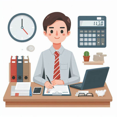 Businessman working in office. Businessman sitting at his desk. Vector illustration.のイラスト素材
