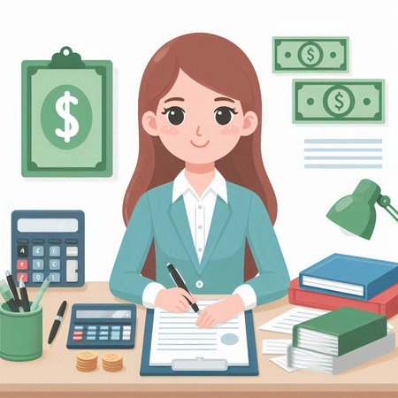 Businesswoman working at office desk. Business concept. Vector illustration.のイラスト素材