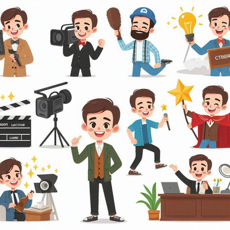 Cartoon characters of journalist, journalist, cameraman. Vector illustrationのイラスト素材