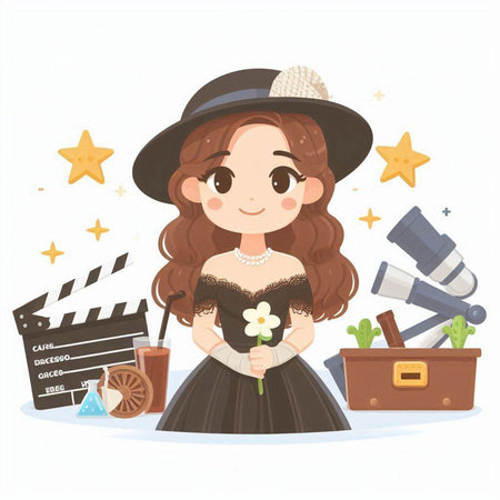 Illustration of a girl in a hat holding a clapperboardのイラスト素材