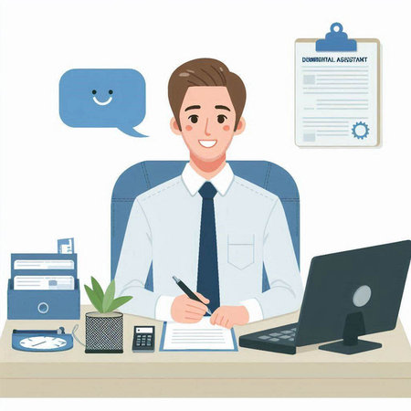 Man sitting at the desk in office and writing on paper. Vector illustration.のイラスト素材
