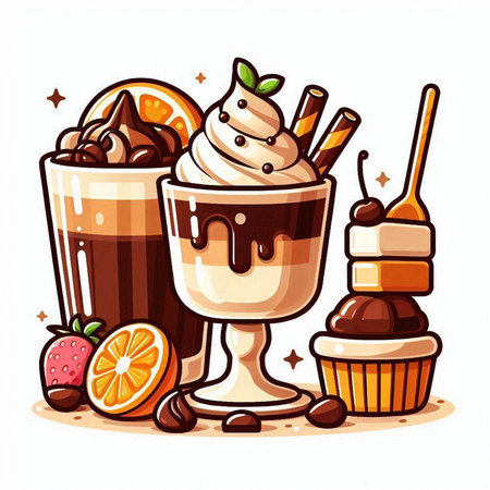 Coffee cup with whipped cream, chocolate and orange. Vector illustration.のイラスト素材