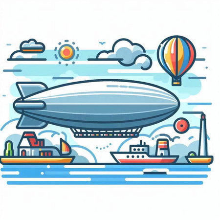 Airship and ship in the sea. Vector illustration in linear styleのイラスト素材