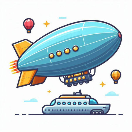 Airship in the city. Vector illustration in flat cartoon style.のイラスト素材