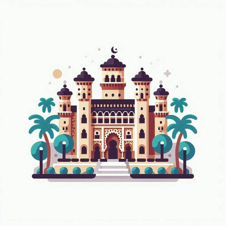 Vector illustration of Indian palace in flat style with palm trees and blue skyのイラスト素材