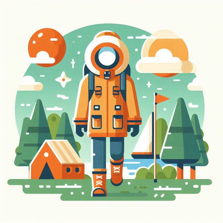 Vector illustration of a winter jacket and camping equipment on a white backgroundのイラスト素材