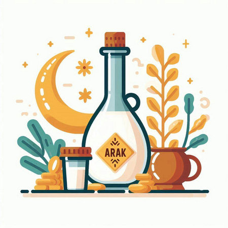 Olive oil in a glass bottle with a crescent moon and spices on a white background.のイラスト素材